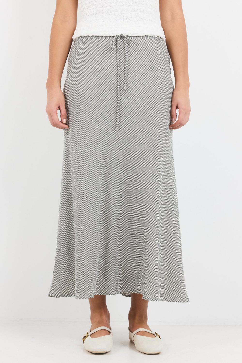 Summit Khaki Mini Gingham Tie Waist Bias Maxi Skirt
