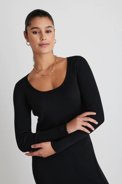 Valor Long Sleeve Rib Knit Midi Dress | Black