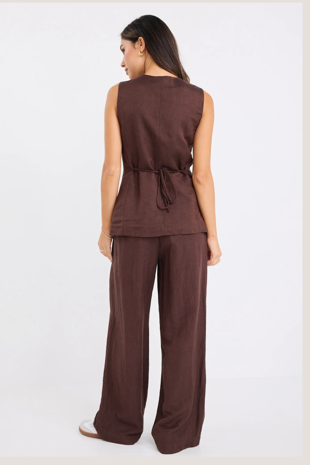 Shelter Chocolate Linen Viscose Flat Front Wide Pants