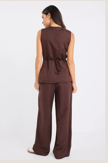 Shelter Chocolate Linen Viscose Flat Front Wide Pants