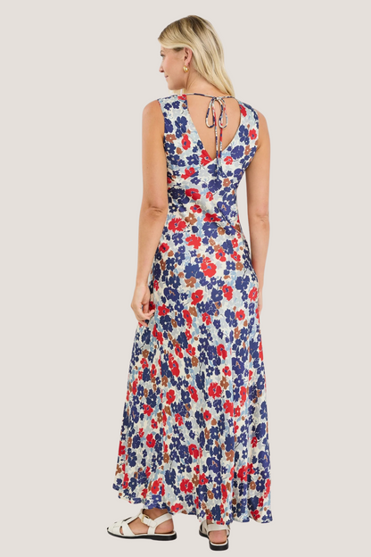 Aston Blue Red Poppy Satin Bias Flared Maxi Dress