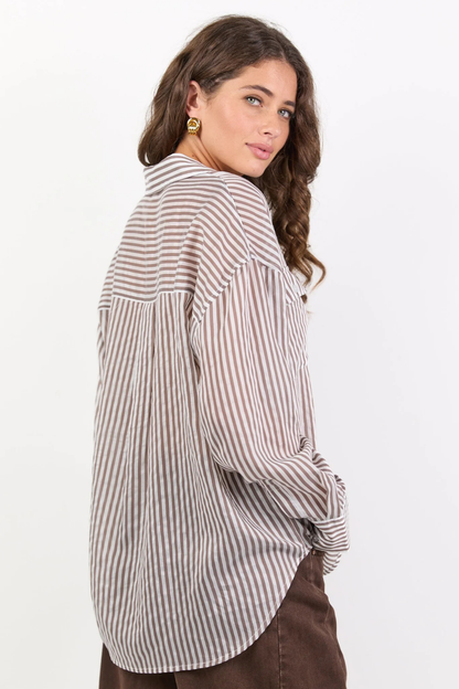 Preppy Chocolate Stripe Pocket Front Shirt