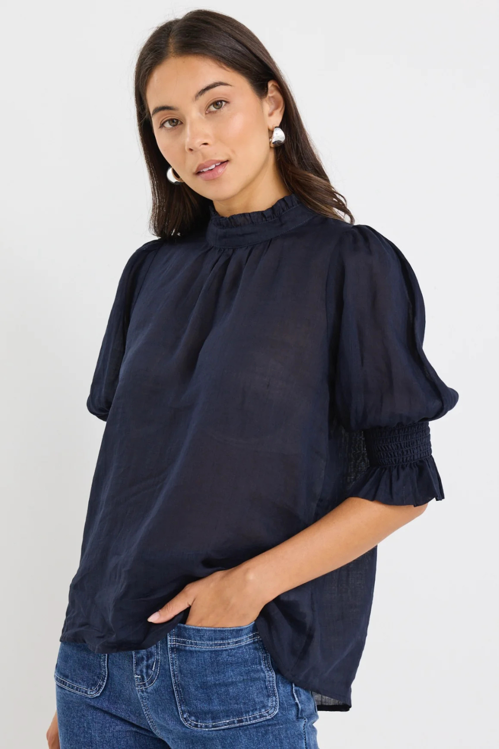 Verse Navy Sheer High Neck Short Sleeve Top