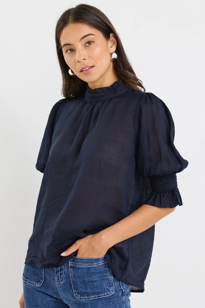 Verse Navy Sheer High Neck Short Sleeve Top