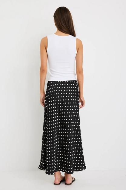 Rarity Black White Polka Dot Satin Tie Waist Bias Maxi Skirt