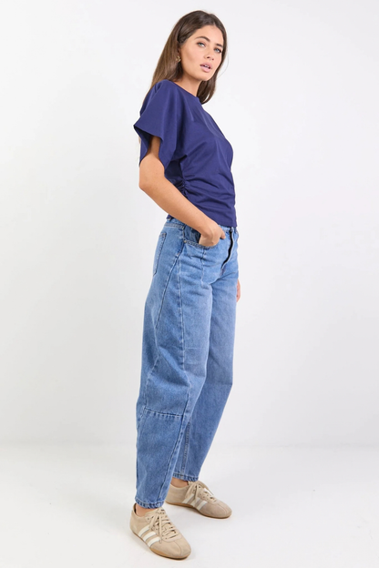 Cadence Ink Cotton Gathered Waist Detail Short Sleeve Tee