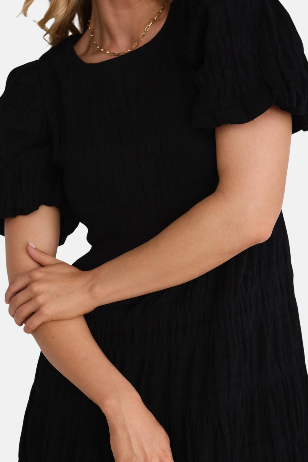 Graceful Black Shirred Cotton Bubble Sleeve Tiered Maxi Dress