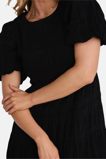 Graceful Black Shirred Cotton Bubble Sleeve Tiered Maxi Dress