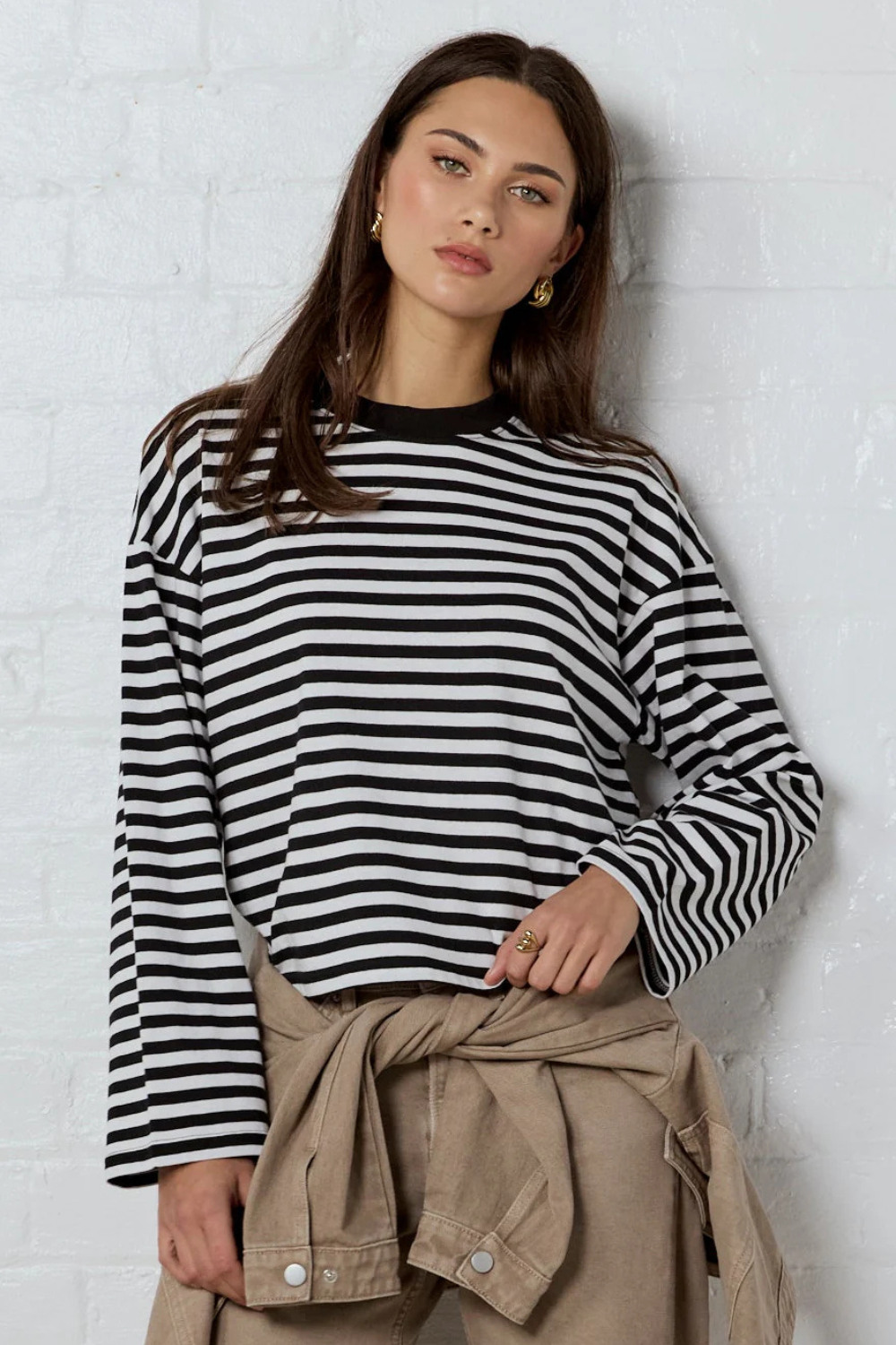 Unite Black White Stripe Long Sleeve Contrast Binding Boxy Tee