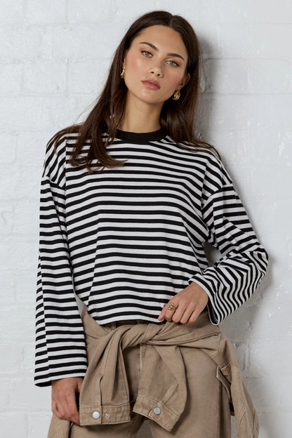 Unite Black White Stripe Long Sleeve Contrast Binding Boxy Tee