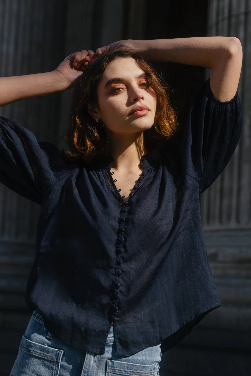 Continuance Navy Ramie High Neck Buttoned SS Top