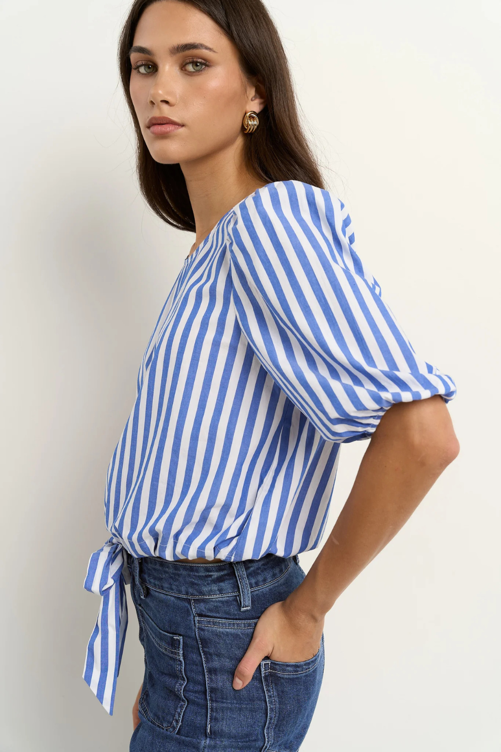 Cameron Bright Blue Stripe Tie Front SS Top