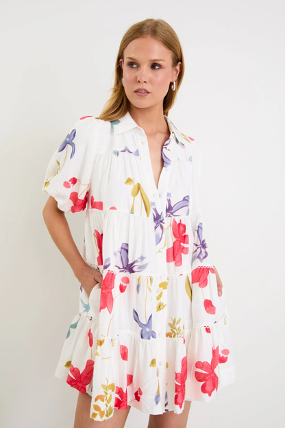Dahlia Cream Poppy Floral Puff Sleeve Mini Tiered Shirt Dress