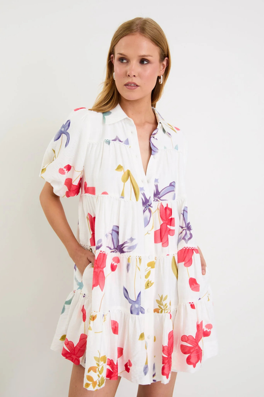 Dahlia Cream Poppy Floral Puff Sleeve Mini Tiered Shirt Dress