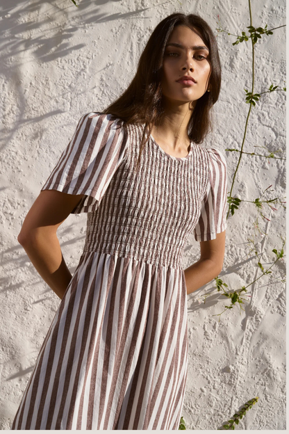 Wren Chocolate Stripe Cotton SS Shirred Bodice Midi Dress
