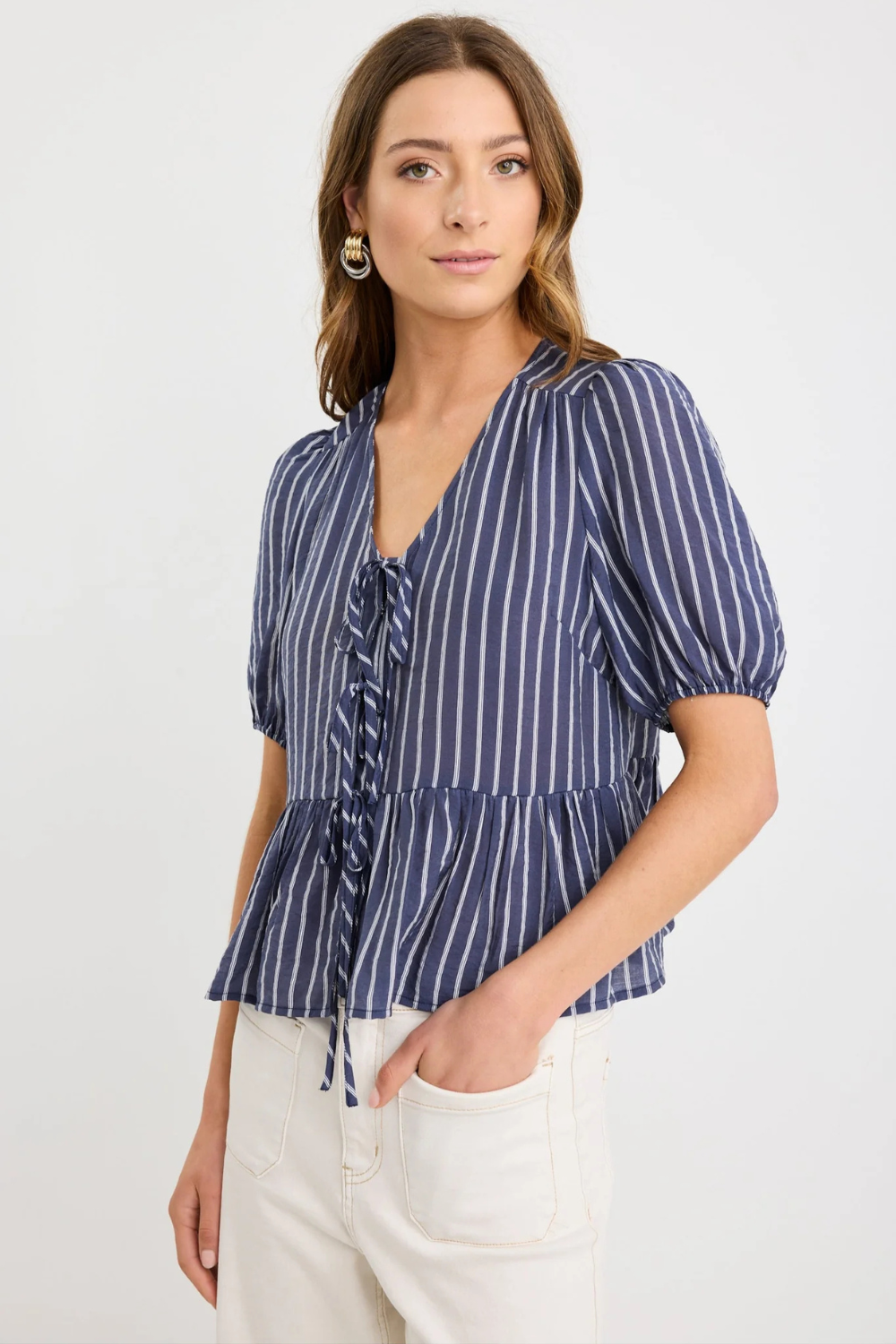 Restore Navy Stripe Tie Front Peplum SS Top