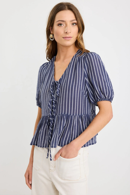 Restore Navy Stripe Tie Front Peplum SS Top
