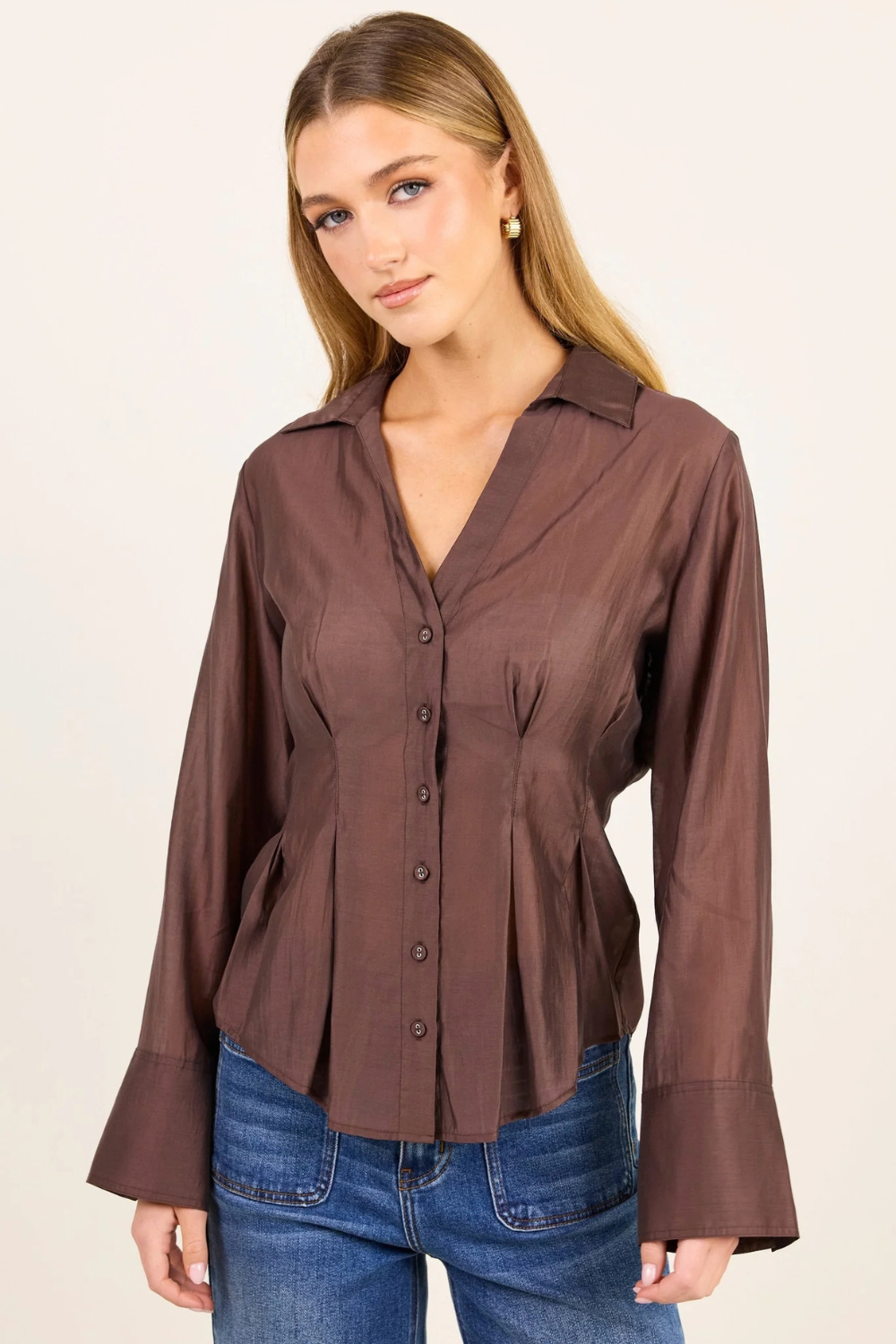 Sundial Chocolate Semi Sheer Corset Detail Waist Shirt