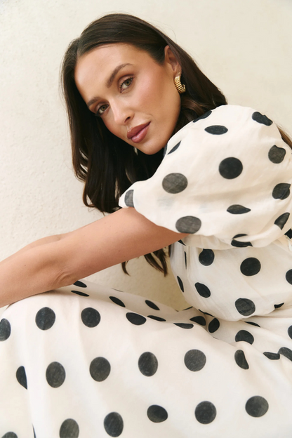 Stage Cream Black Polka Dot Puff Sleeve Floaty Maxi Dress