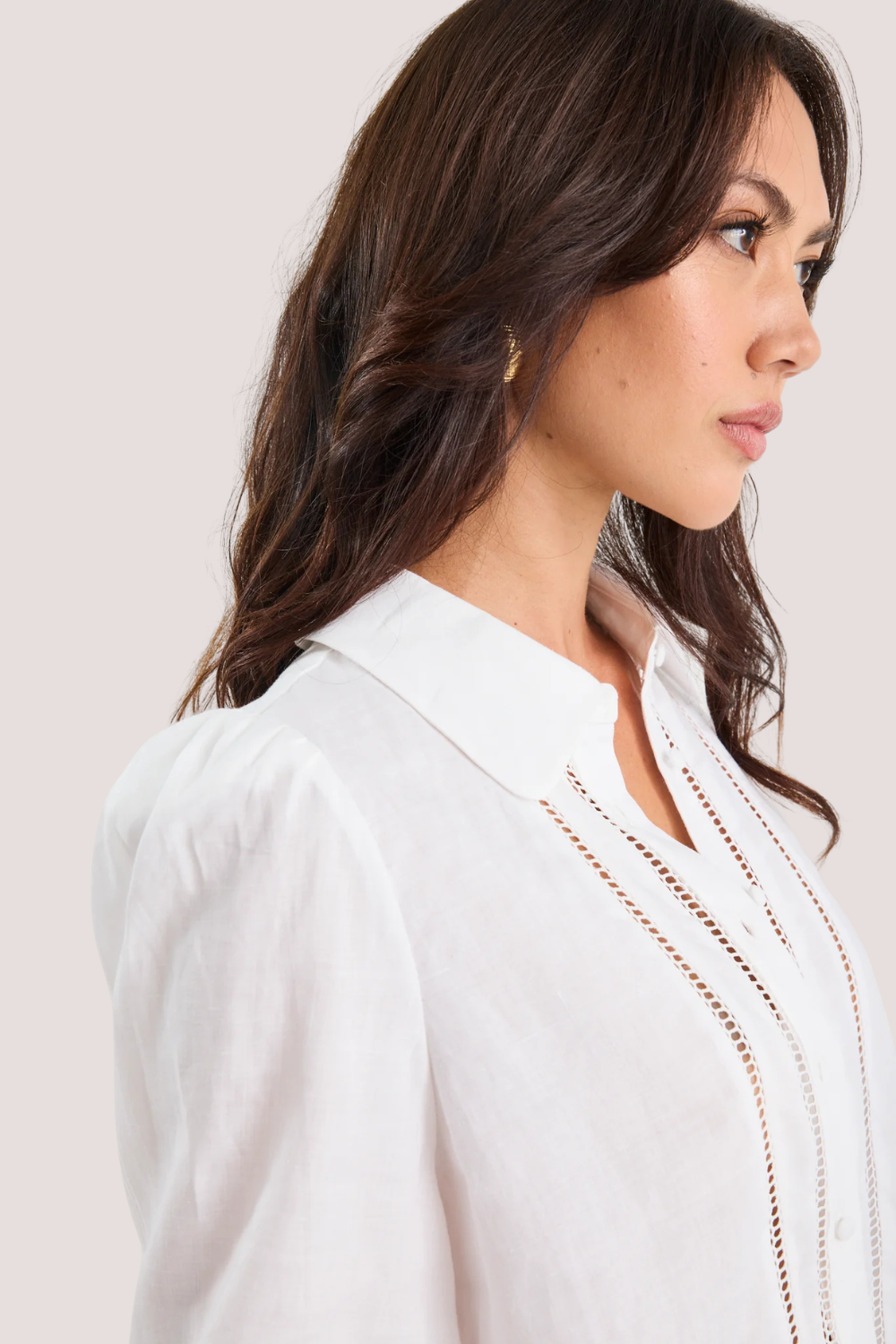 Zinnia White Ramie Lace Trim Long Sleeve Shirt