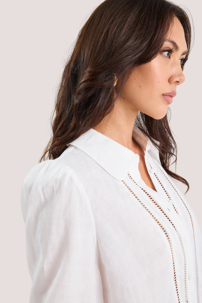 Zinnia White Ramie Lace Trim Long Sleeve Shirt