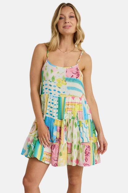 Memphis Pink Holiday Print Strappy Tiered Mini Dress