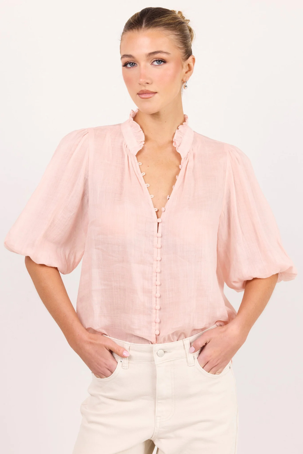Occasion Pale Pink Shirred Neck Short Sleeve Top