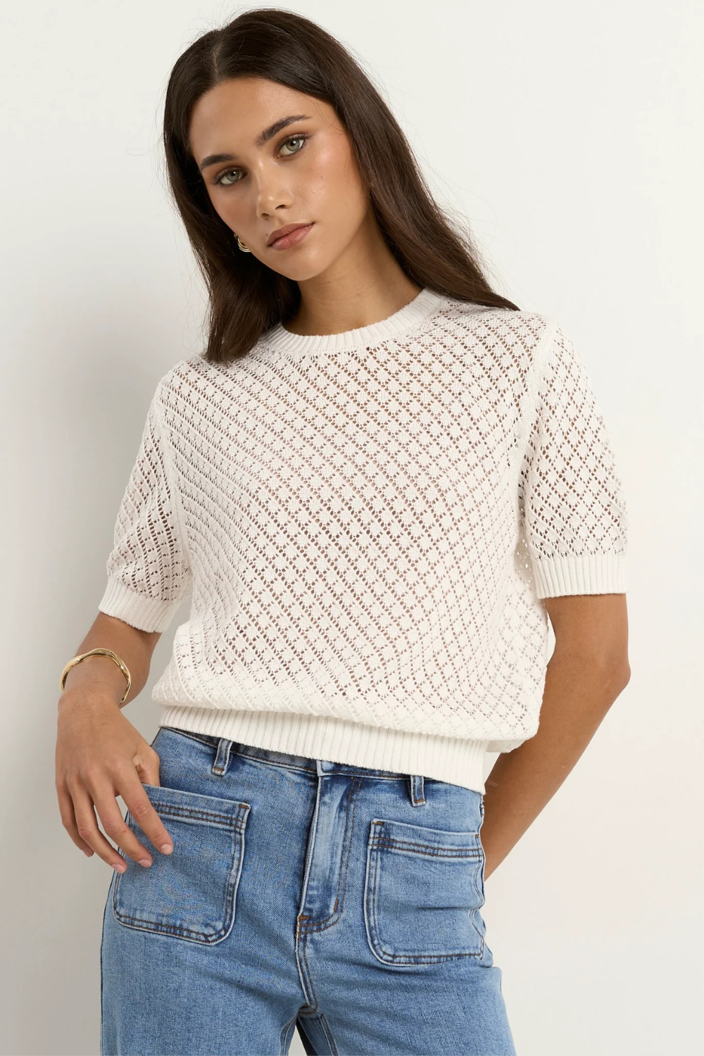 Dapple Ivory Boxy Knit Lace Tee