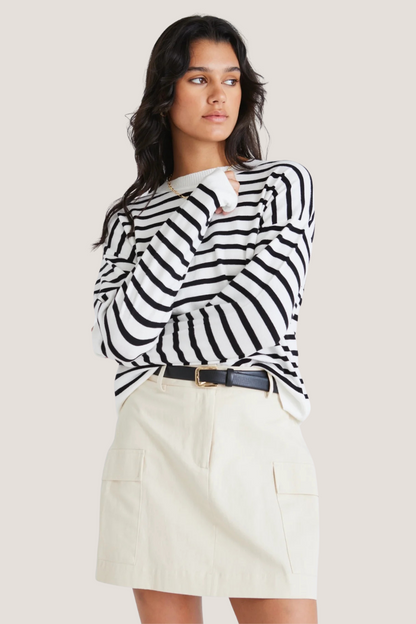 Clear Breton White Black Stripe Crew Neck Jumper