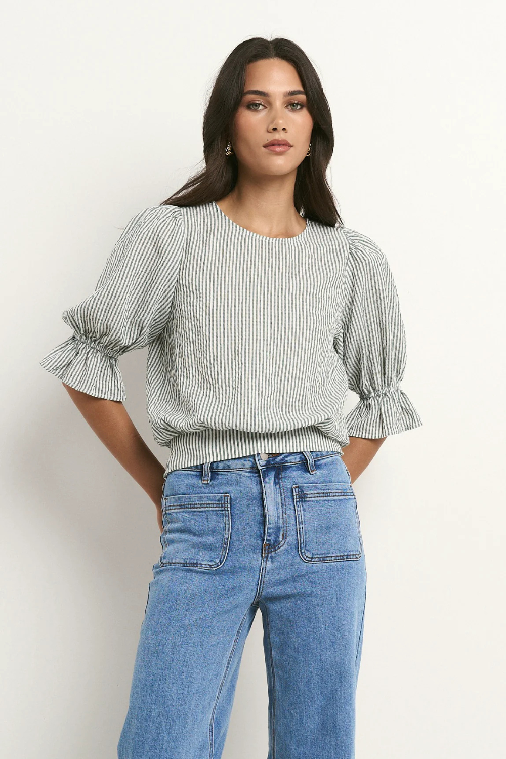 Lovely Khaki Stripe Shirred Back SS Top