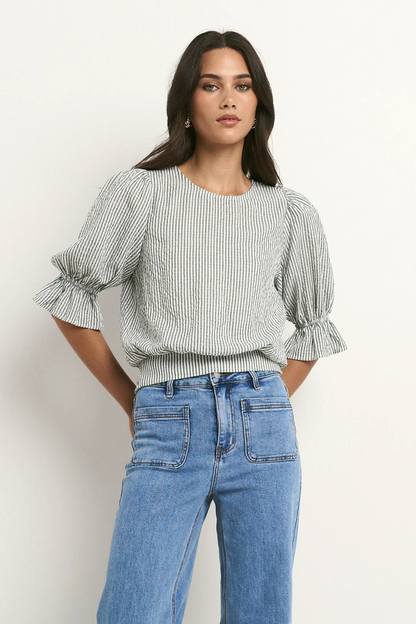 Lovely Khaki Stripe Shirred Back SS Top