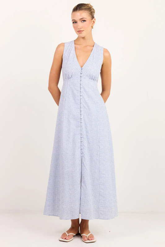 Cardinal Blue Mini Gingham Sleeveless Button Front Maxi Dress