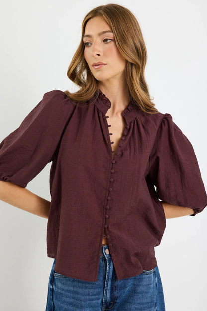 Continuance Chocolate Semi Sheer High Neck Buttoned Short Sleeve Top