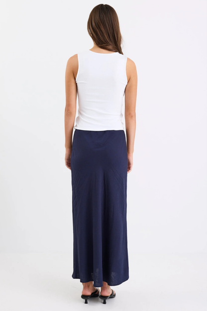 Bliss Navy Linen Bias Midi Skirt