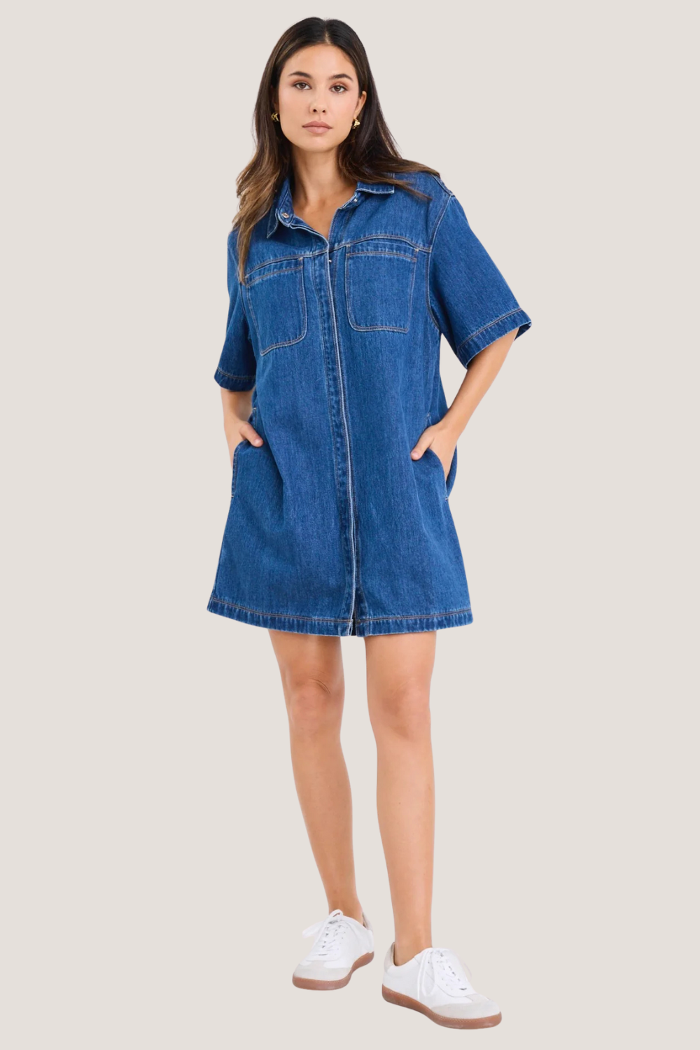 Shortcut Storm Blue Denim Short Sleeve Boxy Mini Shirt Dress