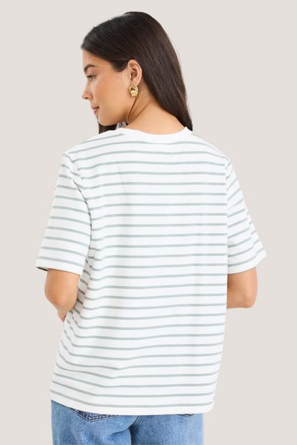 Binding Khaki White Stripe Boxy Fit Tee