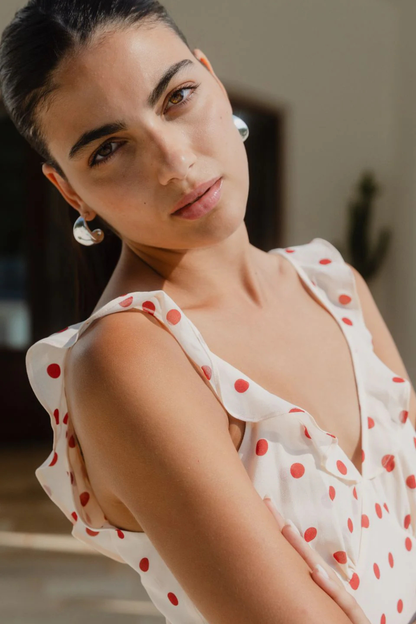 Delightful Cream Cherry Polka Dot Georgette Bias Slip Maxi Dress