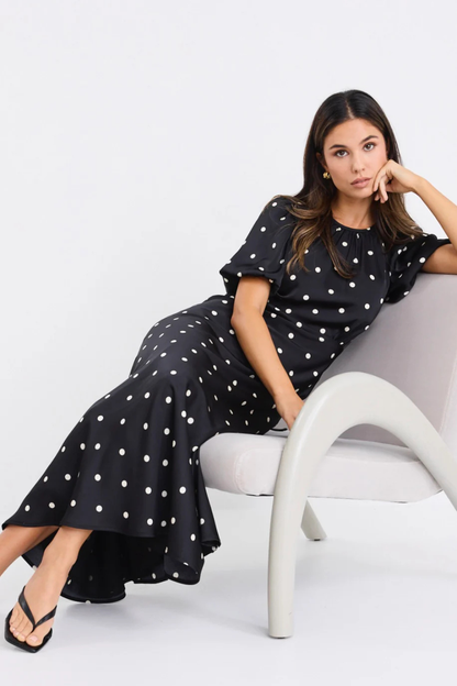 Stage Black Polka Dot Puff Sleeve Floaty Maxi Dress