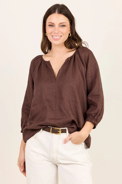 Revolutionary Dark Chocolate Linen Relaxed LS Top