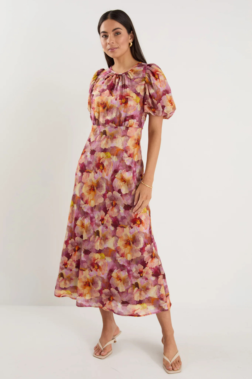Exquisite Pink Multi Floral Puff Sleeve Midi Dress
