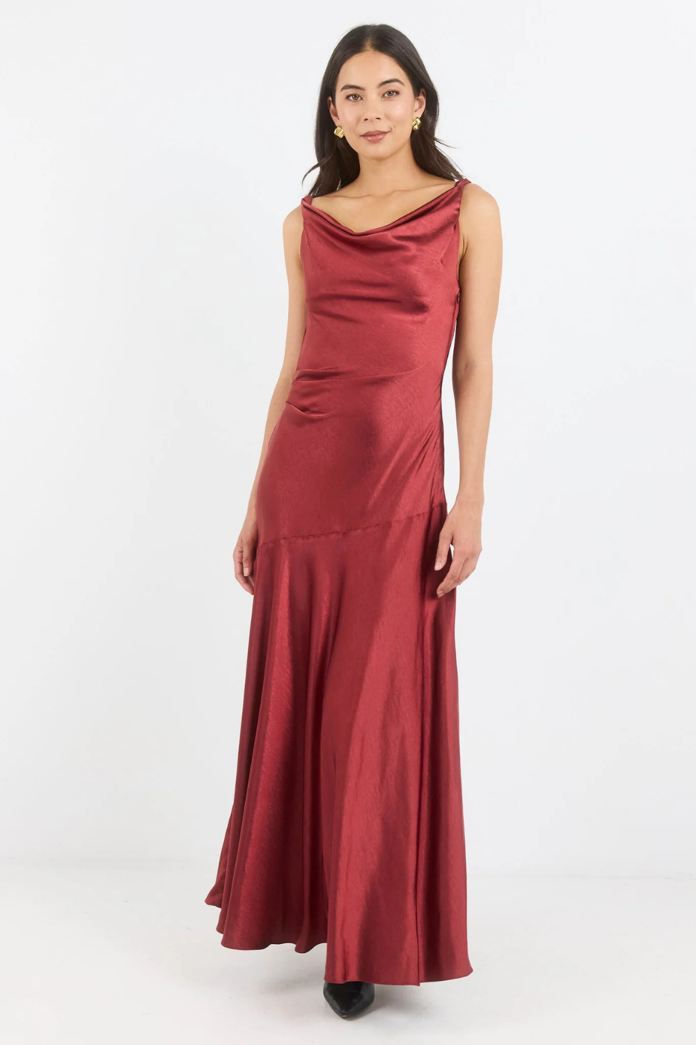 Bountiful Red Paprika Satin Tie Back Bias Slip Maxi Dress