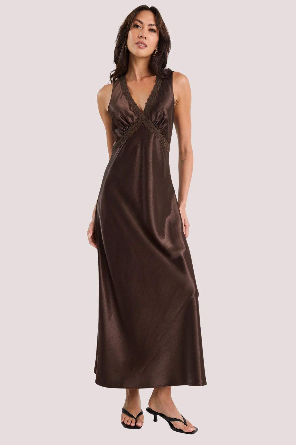 Castle Chocolate Satin Lace Trim Maxi Dress