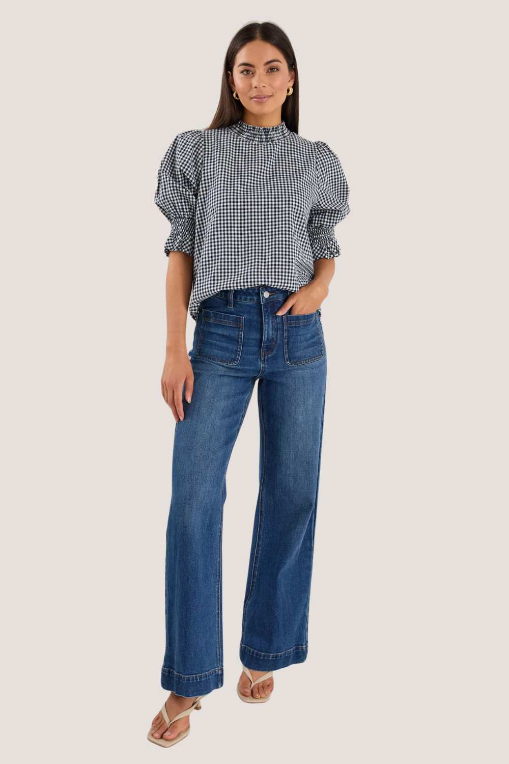 Affection Navy Gingham High Neck Top