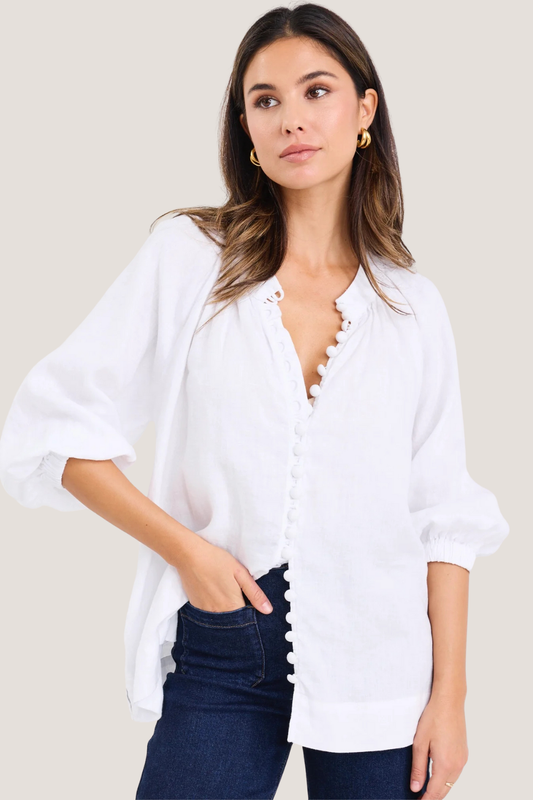 Restoration White Linen Button Front Mid Sleeve Blouse