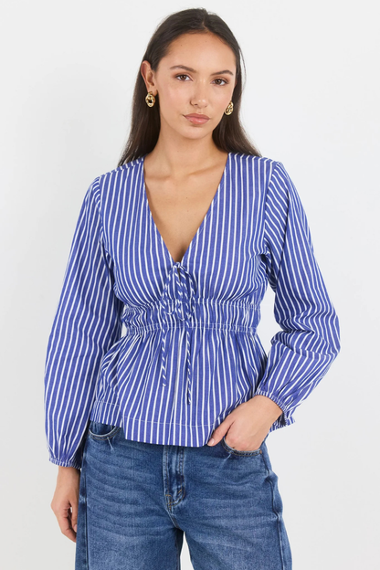 Belief Blue Stripe V Neck Fit and Flare Long Sleeve Top