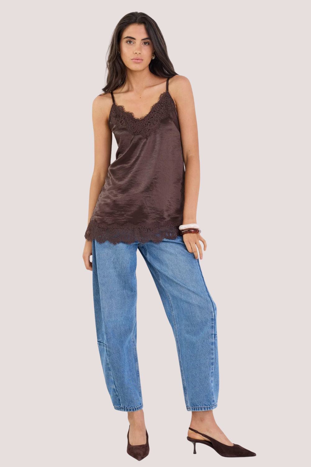 Noir Chocolate Satin Lace Trim Cami
