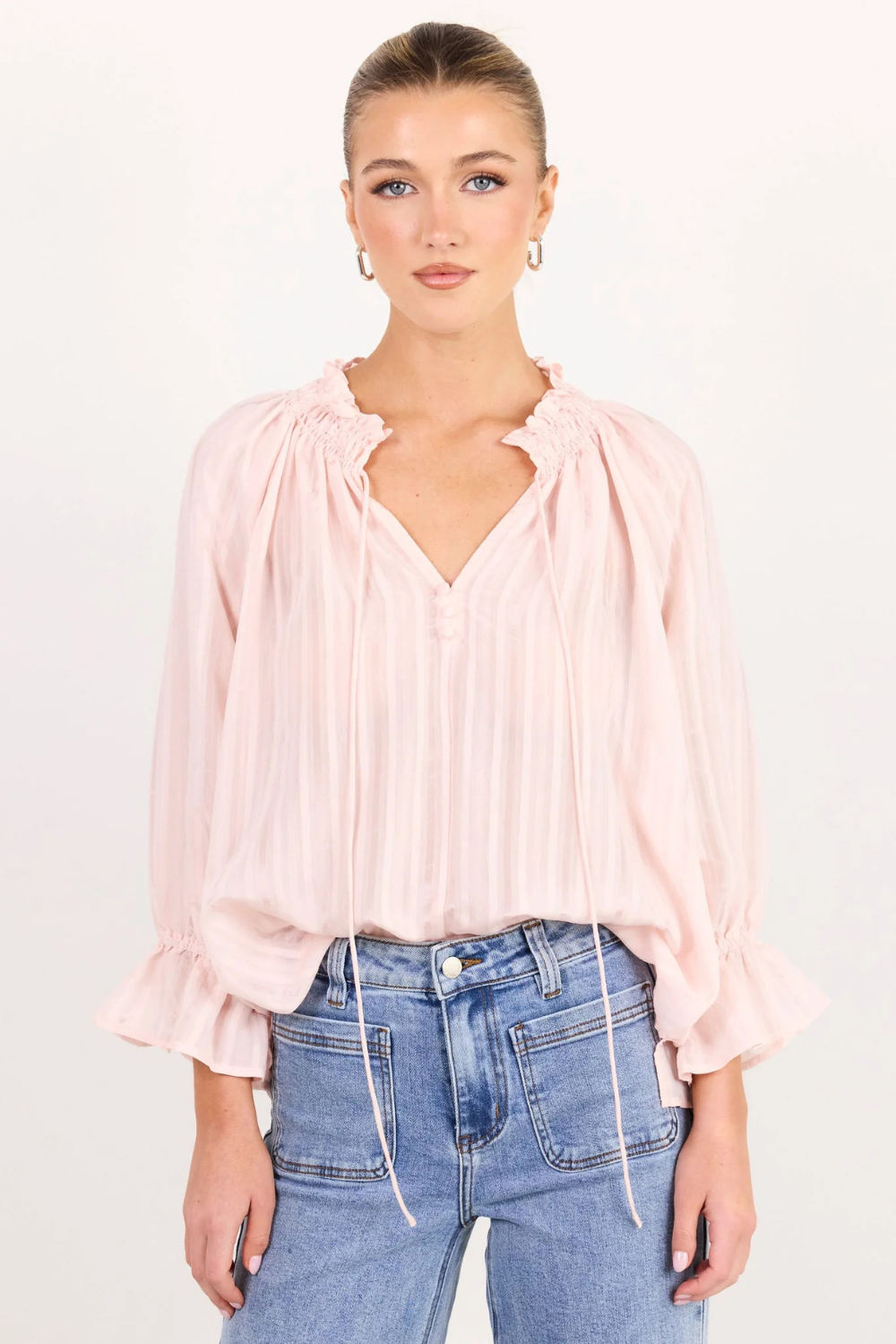 Expedition Blush Self Stripe Shirred Neck Short Sleeve Top