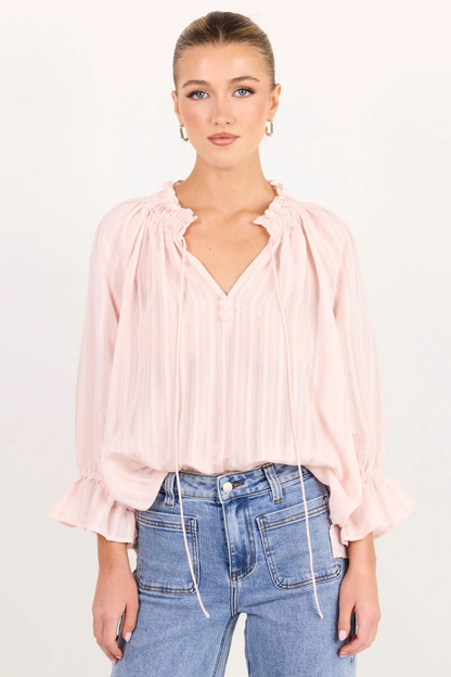Expedition Blush Self Stripe Shirred Neck Short Sleeve Top