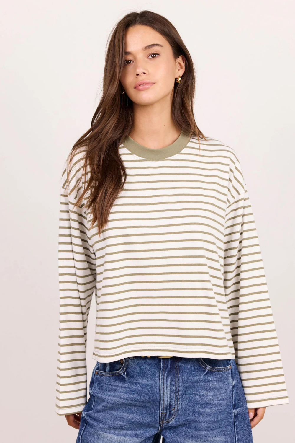 Unite Khaki White Stripe Long Sleeve Contrast Binding Boxy Tee
