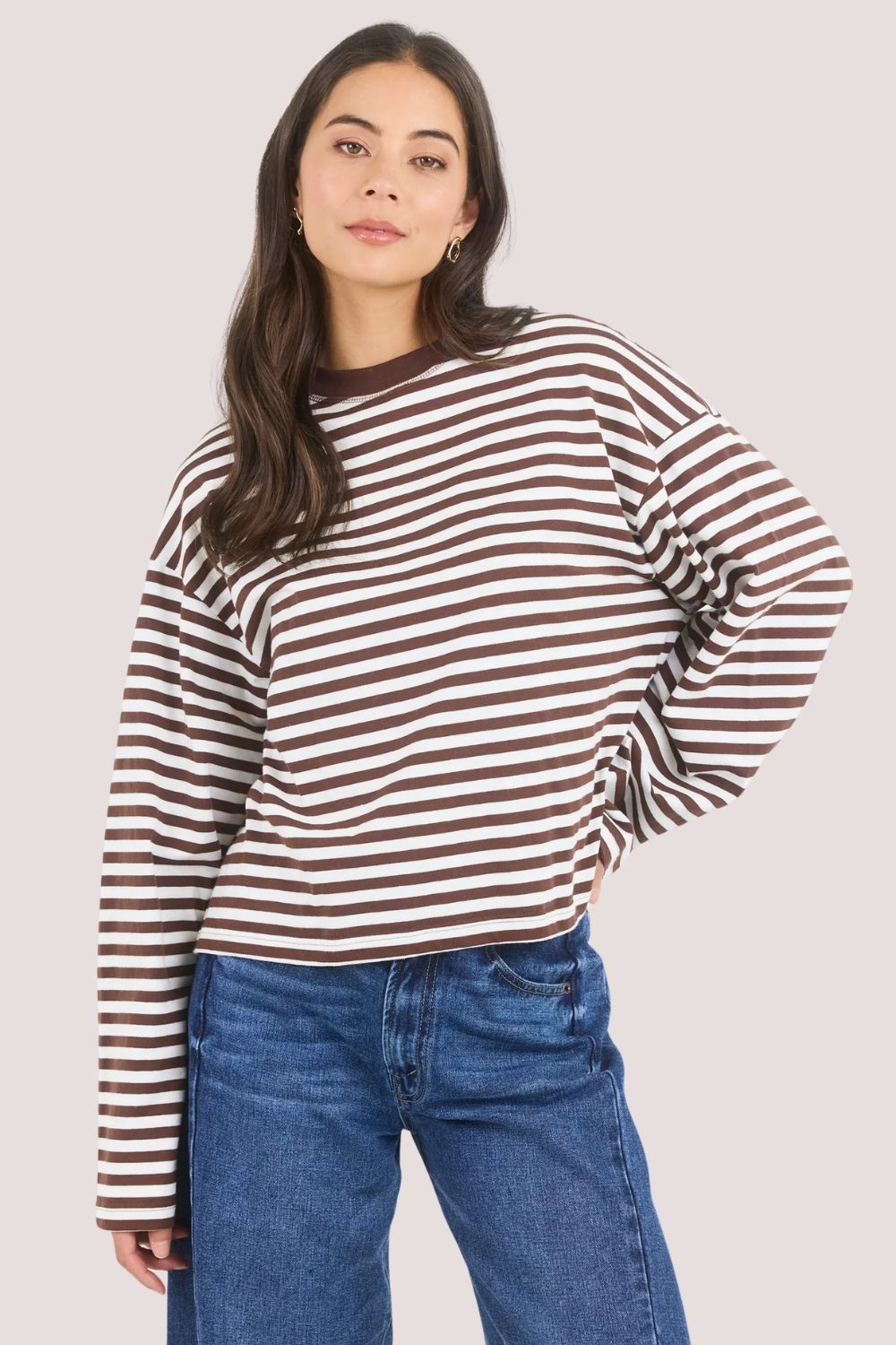 Unite Chocolate White Stripe Long Sleeve Contrast Binding Tee